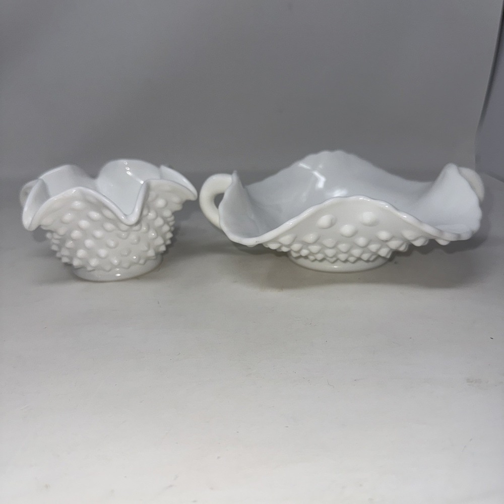 Set Of 2 Vintage Milk Glass Hobnail Vase Candy Dish Ruffled Crimped Curve Edges